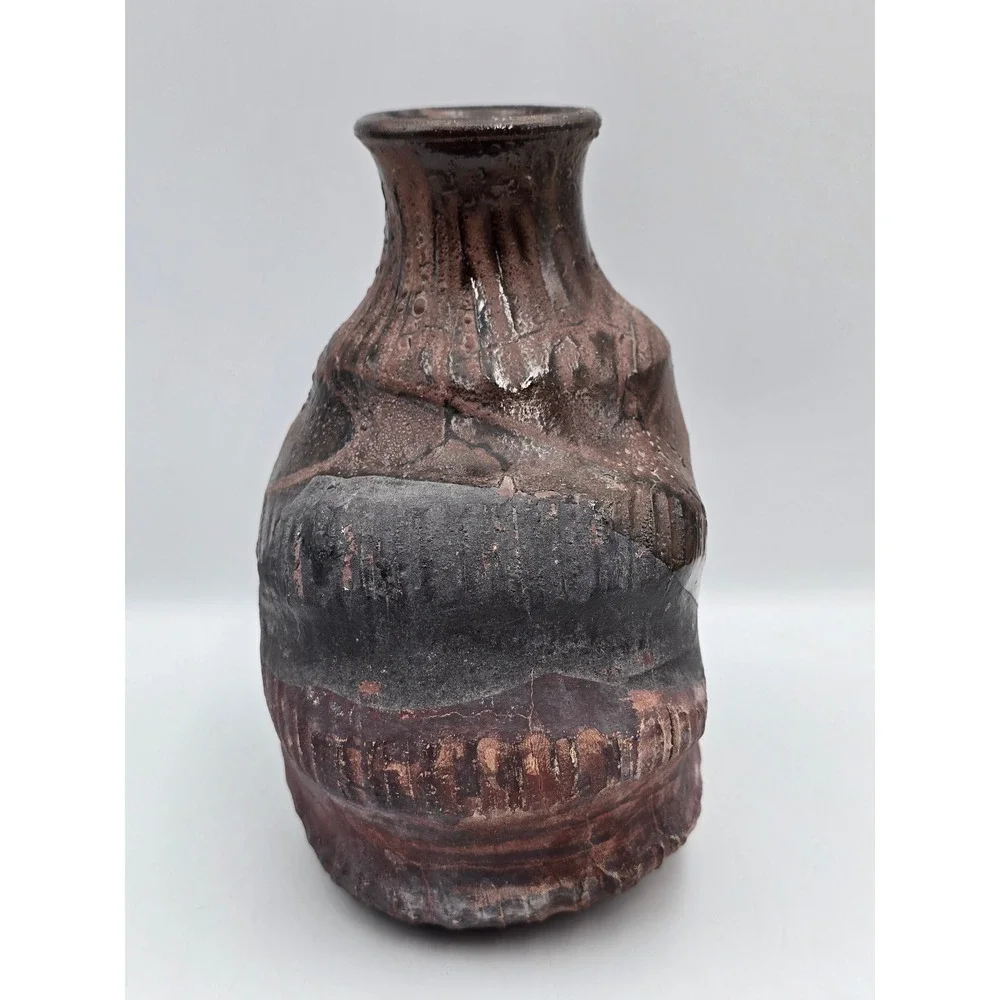 M Casper Studio Pottery Vase Art 7.5in Brown Black‎ Excellent Brutalist 1987